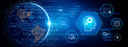 Head with gear and icons representing learning, digital training, and development process, showing...