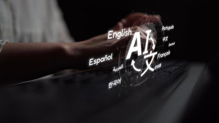 Global communication with multiple languages, digital translation tools, multilingual technology, cross-cultural communication, and virtual language learning environments.の写真素材