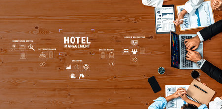 Comprehensive Overview of Hotel Management Systems Featuring Reservation, Distribution Hub, Admin, Accounting, Sales, and Billing Components Quark.の写真素材