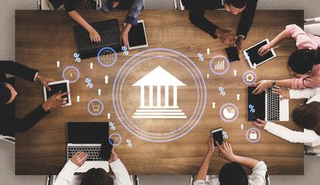 The influence of central bank monetary policy on the global banking system and economy. A concept of interest rates, inflation, and growth. Motifの写真素材