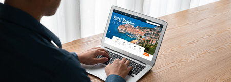 Online hotel accommodation booking website provide modish reservation system . Travel technology concept .の写真素材