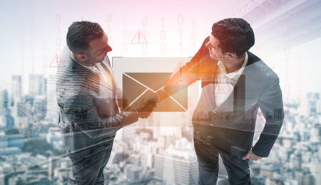 Phishing email alert concept showing digital envelope with warning sign represents data theft, network breach, and email security threats. Parseの写真素材