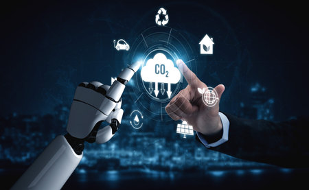 AI artificial intelligence accelerates net zero goals by supporting green strategies, smart energy tools, and virtual assistants for climate-conscious business operations. Vouchの写真素材