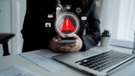 Red warning triangle representing a cybersecurity threat or data breach alert, surrounded by digital security and network protection icons, symbolizing cyber risk awareness Parseの写真素材