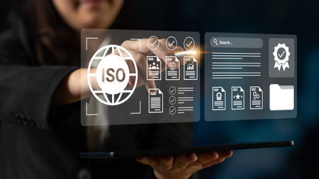 A professional engages with a digital display that highlights ISO quality management systems, symbolizing technological advancement and business efficiency in modern workplaces.の写真素材