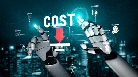 Modern Robot Hands Interacting with Digital Cost Reduction Concept on Futuristic Background Representing Business Strategy and Analysis.の写真素材