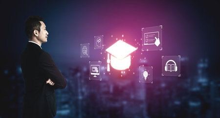 Online learning system combining digital education, e-learning, and virtual classroom to enhance learning, assessment, and global knowledge sharing.の写真素材