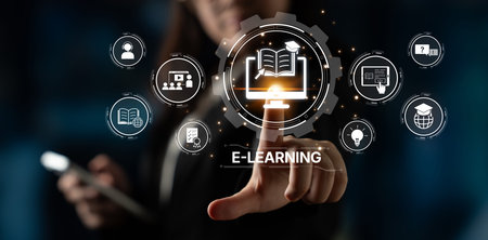 Online education boosts access to learning. Learn anytime through flexible platforms. Education technology transforms how we learn. Digital learning creates new education experiences worldwide.の写真素材