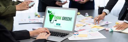 Analyst team use sticky note for creative and analytic brainstorm for business idea with BI data dashboard on laptop screen. Analysis financial data visualization tech for marketing strategy.の写真素材