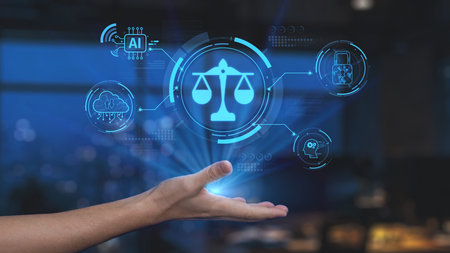 A hand reaches toward a digital representation of scales, symbolizing justice in a tech-driven legal landscape, showcasing innovation and modern business practices.の写真素材
