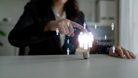 Global human network and workforce distribution highlight human, network, and global presence through digital connection and team coordinationの写真素材