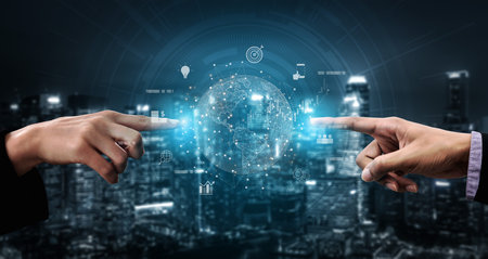 Global business network connecting digital economy and data exchange. Global business expands market, business shares data, global drives finance, and global business supports insight.の写真素材