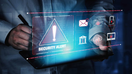 Cybersecurity threat focuses on cybersecurity, threat, and data breach with strong emphasis on system protection, data integrity, and security risks.の写真素材