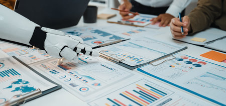 A modern office scene showcasing collaboration between humans and robots, featuring detailed data...