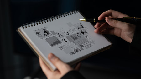 Data insights, charts, and analytics help visualize performance. Data drives strategy, analytics enhances growth, and data improves business outcomes through analytics.の写真素材