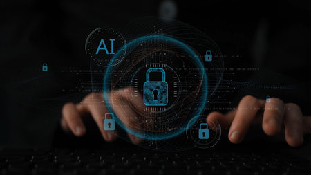 AI cyber security system using biometric authentication and privacy control. Cyber security protects identity, cybersecurity detects threats, cybersecurity ensures safety, and secures data.の写真素材
