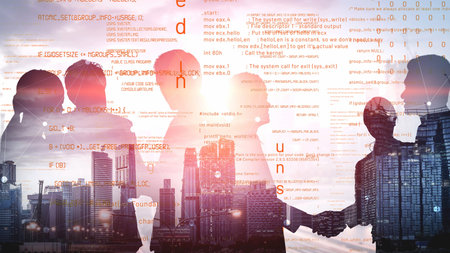 This image illustrates professionals in an urban setting engaging in collaboration and networking, showcasing diversity and the impact of technology on modern business culture.の写真素材