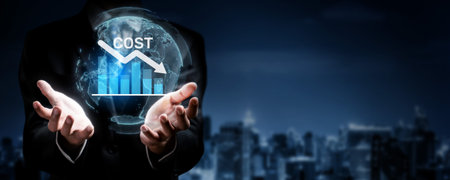 A businessman presents a glowing globe reflecting a cost reduction graph, symbolizing corporate strategies for budget saving and the role of artificial intelligence in finance.の写真素材