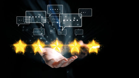 A dynamic composition featuring a hand releasing glowing gold stars and speech bubbles, symbolizing...