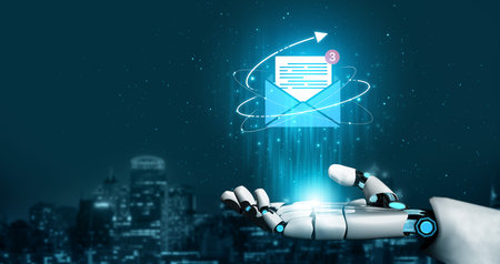 An AI assistant manages an email inbox, prioritizing new messages and notifications. This automated communication system streamlines digital correspondence and information flow.の写真素材