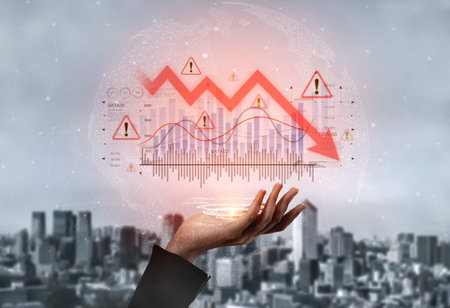 Economic caution visualized with fluctuating market graph, alert symbols, and negative data trends. Represents financial risk, market volatility, and economic uncertainty. Splineの写真素材
