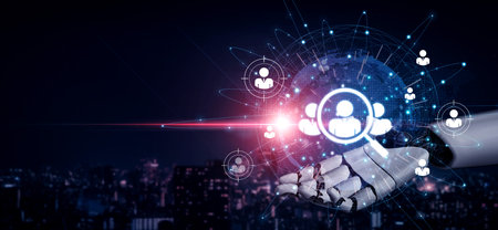 An AI assistant powers a global talent acquisition platform. This smart human resources system automates the search for qualified candidates to build a corporate workforce.の写真素材