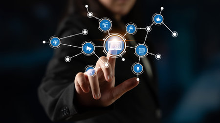 A business professional interacts with virtual social media icons, showcasing the fusion of technology and innovative marketing strategies in a digital landscape. Tesselの写真素材
