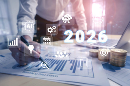 Digital icons, analytics symbols, and glowing number 2026 representing business goals, innovation,...