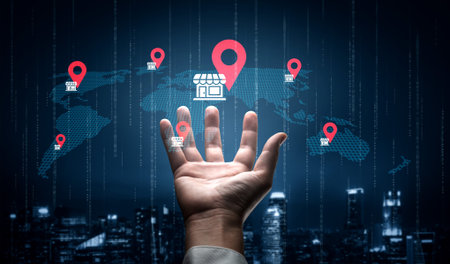 A human hand reaches out toward a digital world map featuring location pins and a store icon, symbolizing the intersection of technology, commerce, and global business opportunities.の写真素材