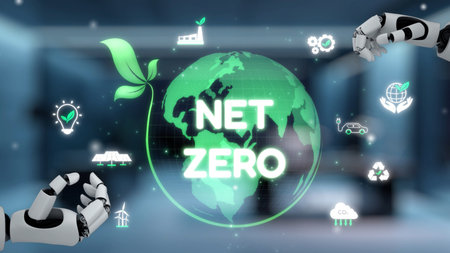AI guides sustainability strategy with eco-intelligent tools and virtual assistants for achieving net zero goals and transforming digital business with green innovation.の写真素材