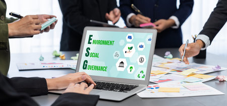 Analyst team use sticky note for creative and analytic brainstorm for business idea with BI data dashboard on laptop screen. Analysis financial data visualization tech for marketing strategy.の写真素材