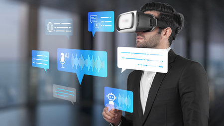 Young businessman experiencing virtual reality technology while interacting with digital elements in...