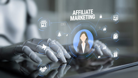 Futuristic Robotic Hand Engaging in Digital Affiliate Marketing with Icons Representing Online...
