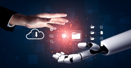 Human and Robot Hand Interaction Symbolizing Collaboration between Technology and Humanity for...