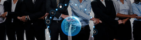 A diverse team of professionals standing together, showcasing a blend of business icons that...