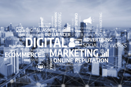 Explore the vibrant world of digital marketing with key concepts like branding, analytics, and social media. Ideal for showcasing online advertising strategies.の写真素材