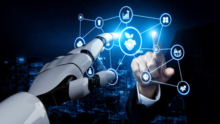 Artificial intelligence enhances ESG management, monitoring environmental data, supporting social responsibility, and strengthening governance compliance for sustainable growth.の写真素材