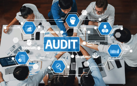 A diverse team collaborates in a modern office setting, analyzing audit findings and compliance...