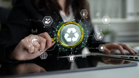 Concept of corporate social responsibility and sustainability. A global network of green energy, recycling, and conservation efforts for a better environment and future.の写真素材