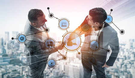 This image showcases a business partnership moment with a handshake, surrounded by digital...