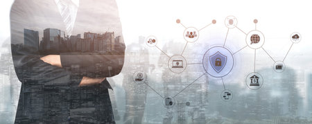 A complete cybersecurity system concept. Providing network protection for online banking, cloud data, financial transactions, and personal identity with secure authentication.の写真素材