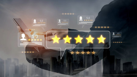 Customer centric review and rating system supports product review, digital rating concept, and...