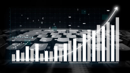 Illustrating financial growth, this image showcases a bar graph and line chart over a keyboard,...