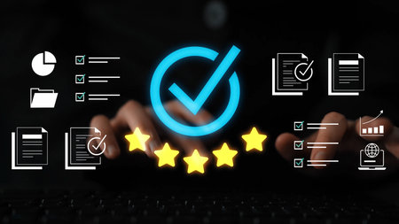 Concept of quality control with check marks, ratings, documents, and data analytics on dark...