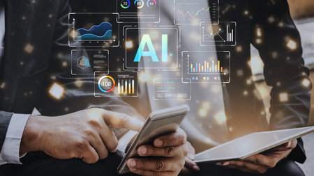 Business professionals discussing innovative technology trends with smartphones featuring graphs,...