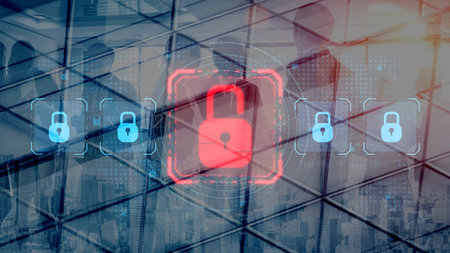 Digital security concept illustrating a cybersecurity breach, with a red unlocked padlock indicating...