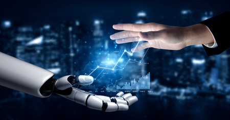 A creative visual representation of a human hand and a robotic hand symbolizing collaboration in...