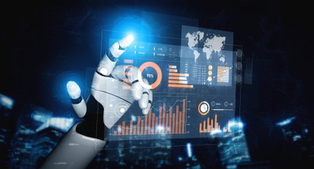 A robotic hand engages with a vibrant digital interface showcasing various data visualizations,...