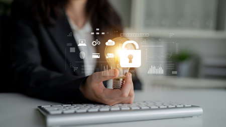 Digital cyber security lock system highlighting data security encryption, cyber password protection,...
