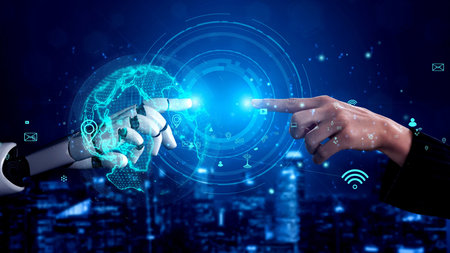 A visually striking image depicting the interaction between a robotic arm and a human hand,...